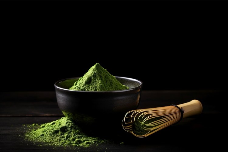 Matcha powder bowl on black background. Generate ai example image 1