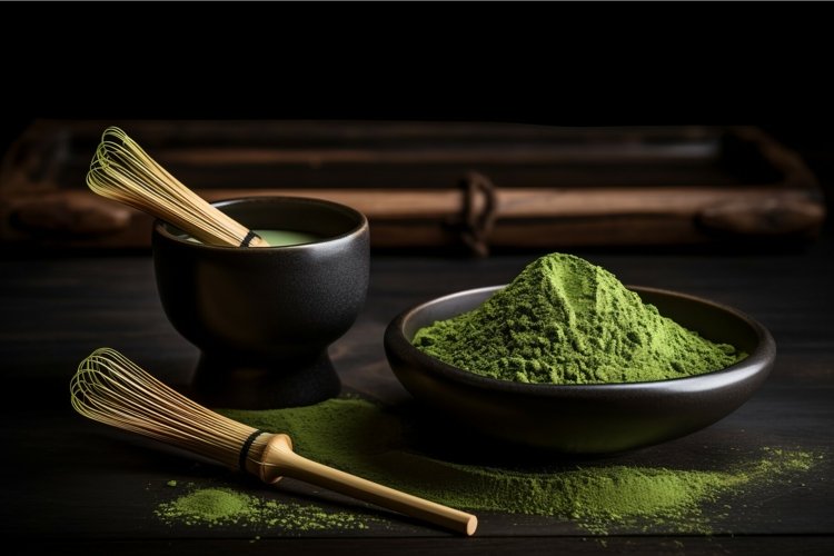 Matcha powder bowl with wooden spoon and cup utensils. Gener example image 1