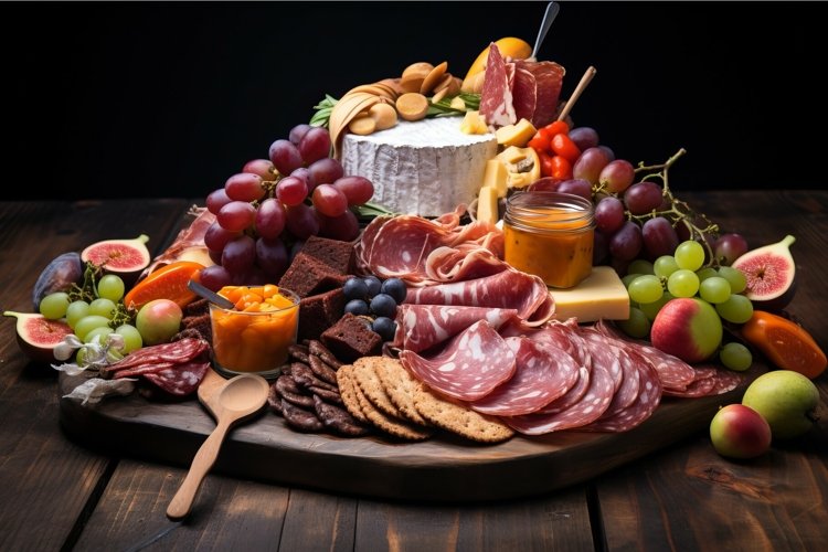 Colorful Meat cheese fruits tray. Generate Ai example image 1