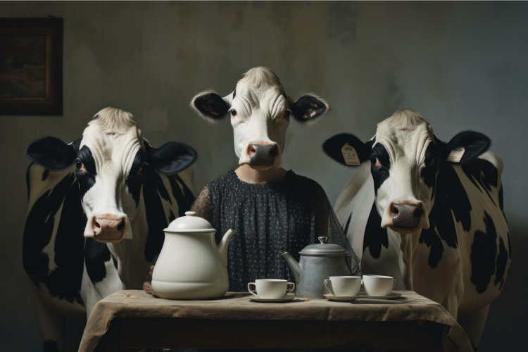 Surreal tea party with cow-human hybrids