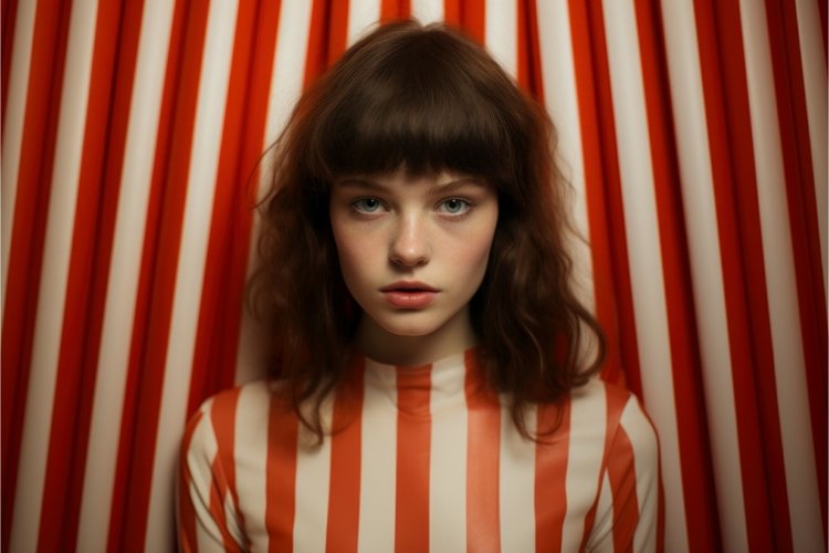 Glamour model portrait on red stripes style. (3836656)