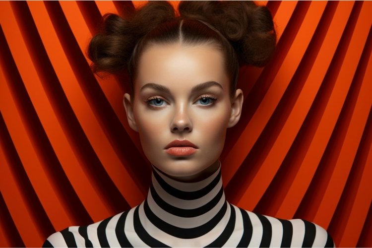 Stylish Glamour model portrait on red stripes style. Generat example image 1