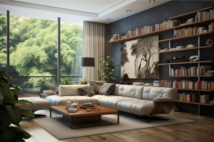 Contemporary living room with nature view example image 1