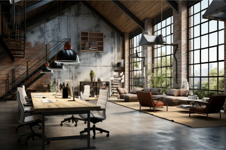 Modern office interior brick style. Generate AI