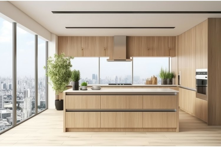 Modern wooden kitchen. Generate Ai