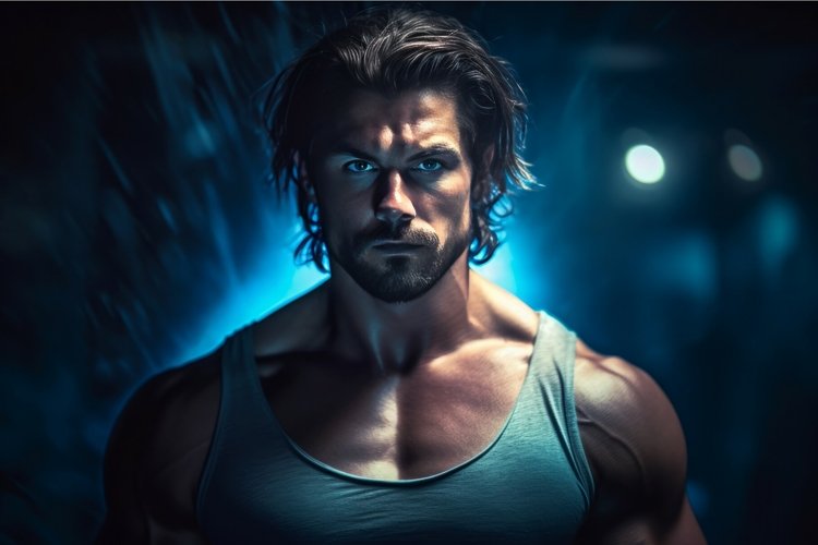 Brutal man with serious look studio photo in blue neon light example image 1