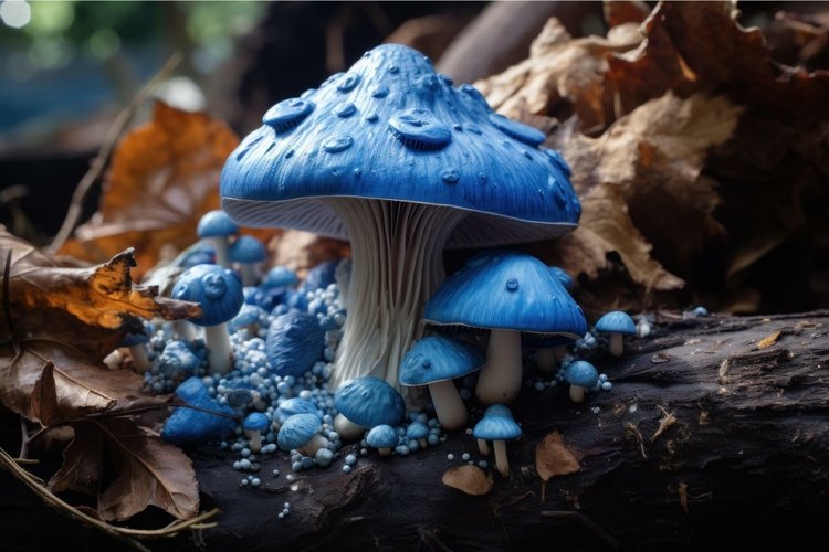Enchanting blue mushrooms in autumn forest
