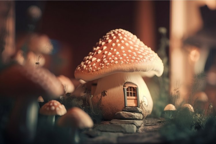 Mushroom forest house. Generate Ai