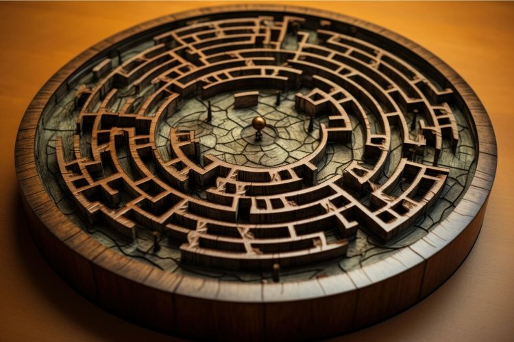 Intricate wooden labyrinth puzzle on table