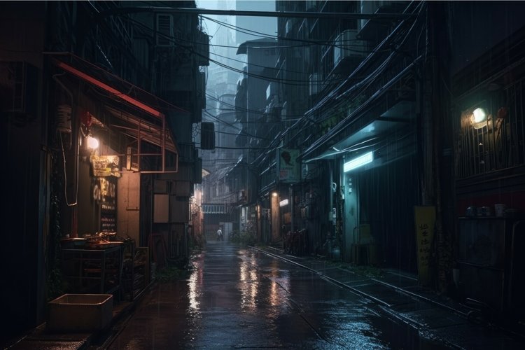 City narrow alley night. Generate Ai example image 1