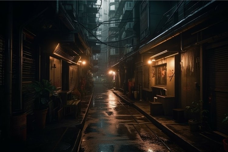 City narrow alley street night. Generate Ai example image 1
