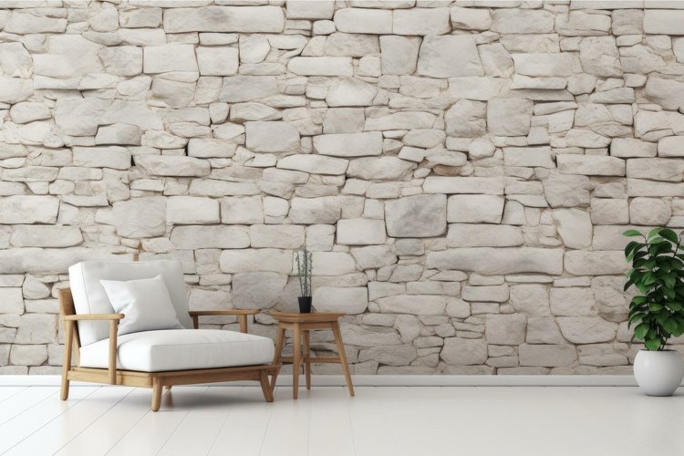 Minimalist living room interior with stone wall example image 1