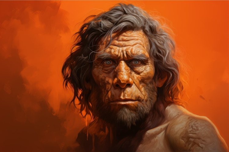 Bold Neanderthal man face orange background. Generate Ai