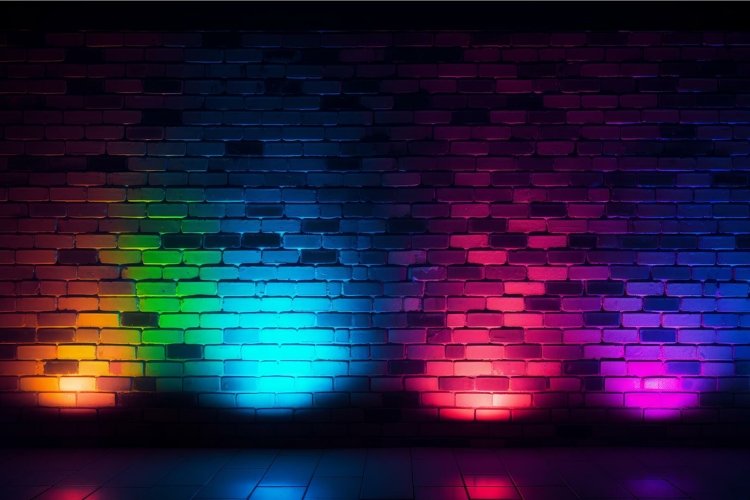 Dramatic Neon blue red brick wall structure. Generate AI