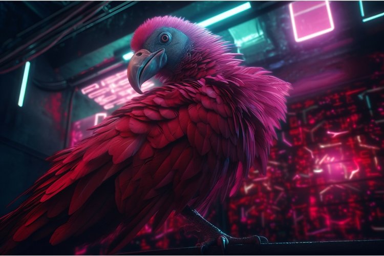 Neon violet colored punk bird. Generate ai example image 1