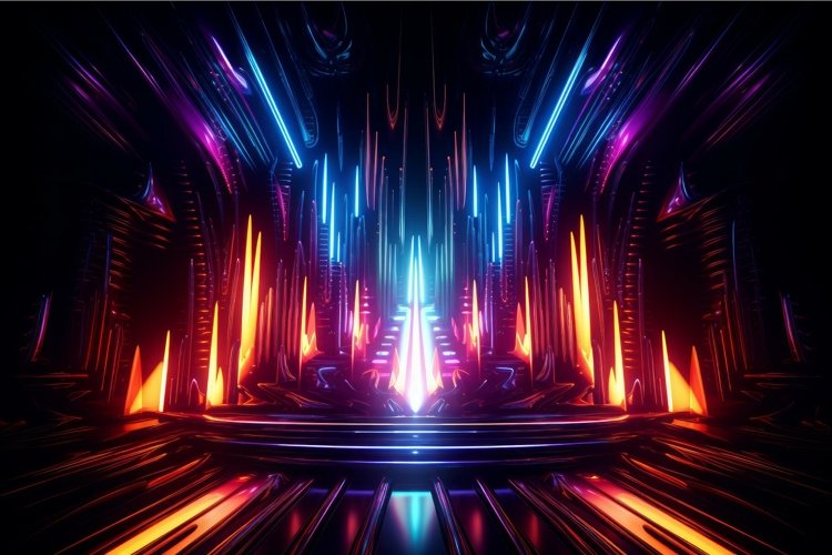 Vibrant digital illustration of a futuristic entrance with n example image 1