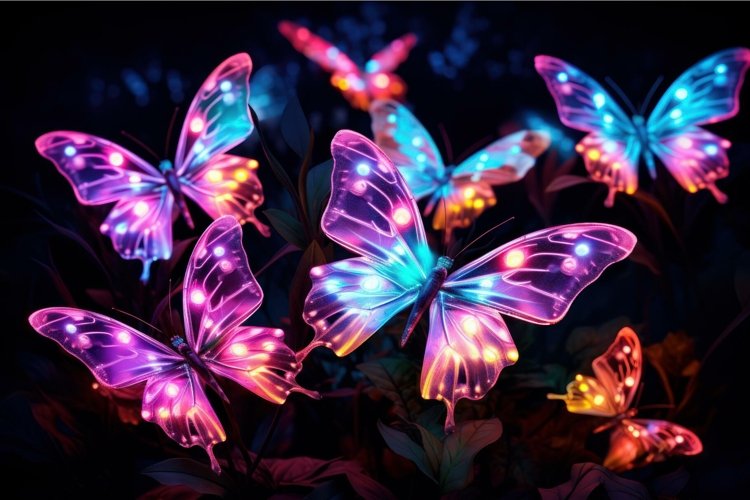 Vibrant Neon glowing butterflies. Summer nature art