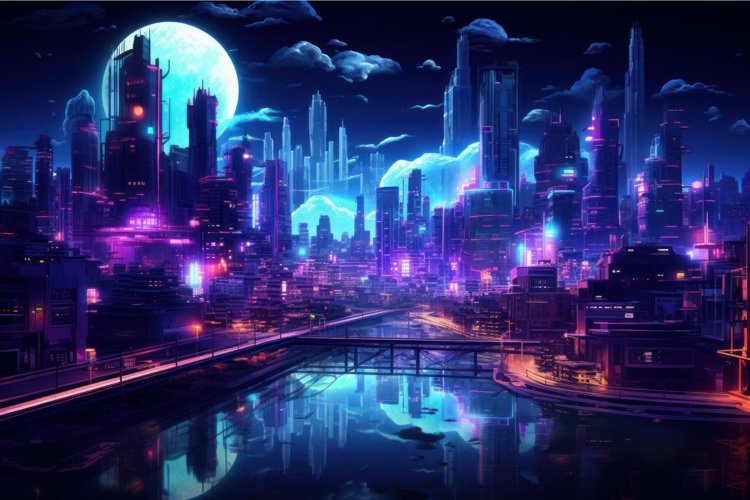 Futuristic cyberpunk cityscape at night example image 1
