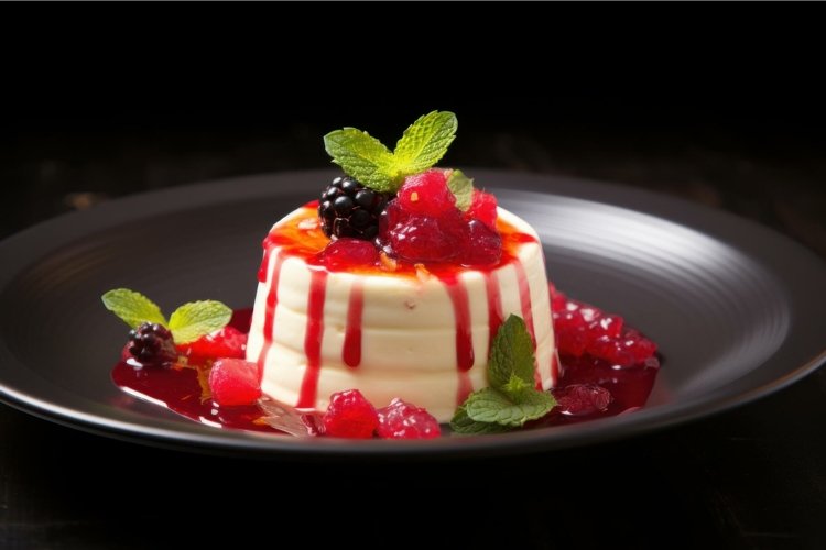 Refreshing Pana cotta dessert plate. Generate Ai