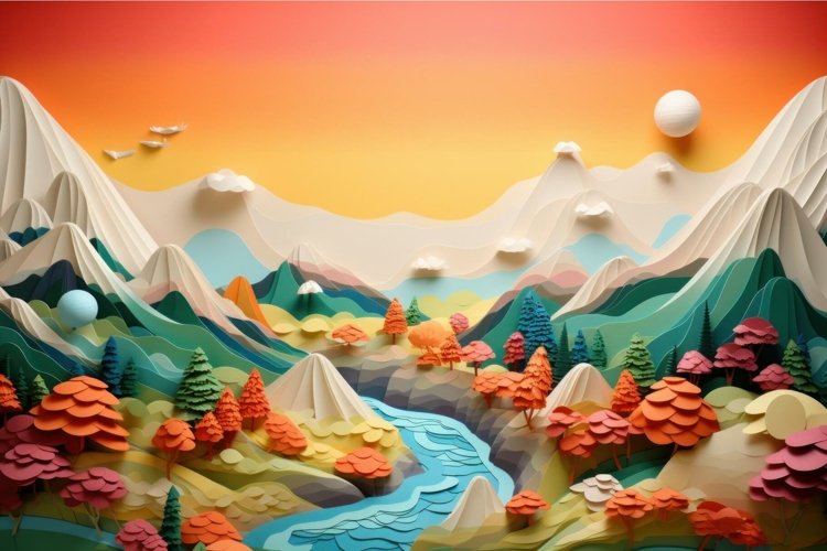 Serene Paper landscape colorful. Generate Ai
