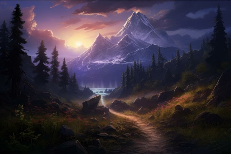 Scenic Path mountain light. Generate Ai example image 1