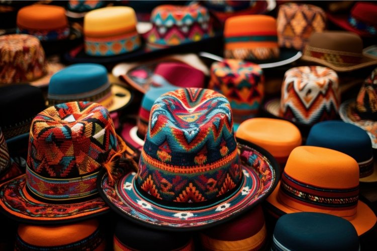 Vibrant Peru colorful decorated hats. Generate ai example image 1