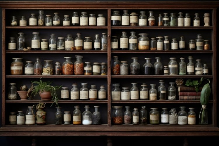 Vintage apothecary cabinet with herb jars
