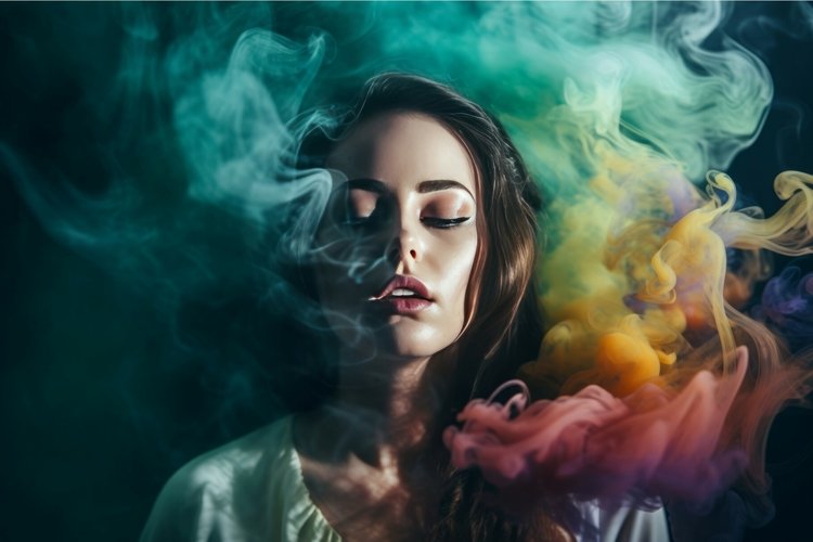 Fine art woman photo in colorful smoke. Generate Ai example image 1