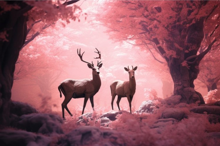 Enchanting Pink forest deers view landscape. Generate Ai example image 1