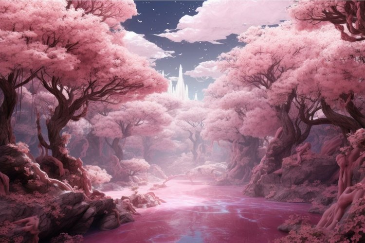 Mystical Pink magical blossom forest. Generate Ai example image 1