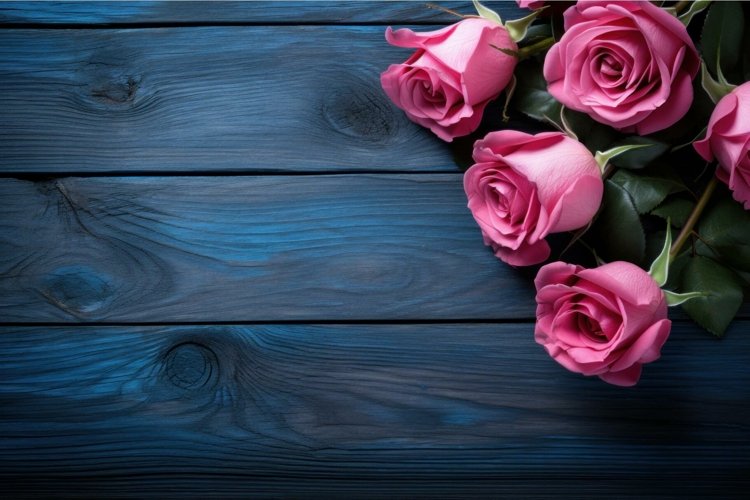 Pink roses blue wooden. Generate Ai