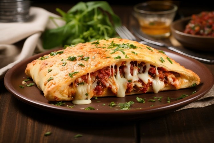 Pizza calzone hot food on plate on wooden table. Generate Ai example image 1