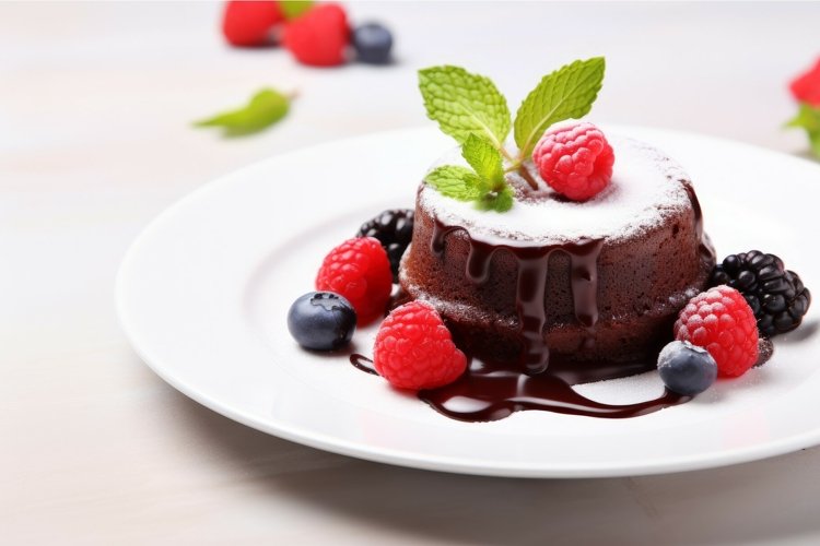 Plate with delicious chocolate fondant berries gourmet. Gene
