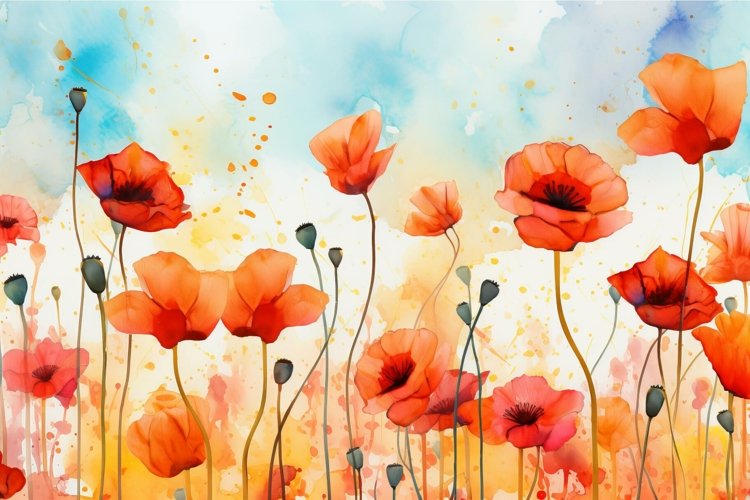 Vibrant Watercolor poppies illustration. Generate Ai