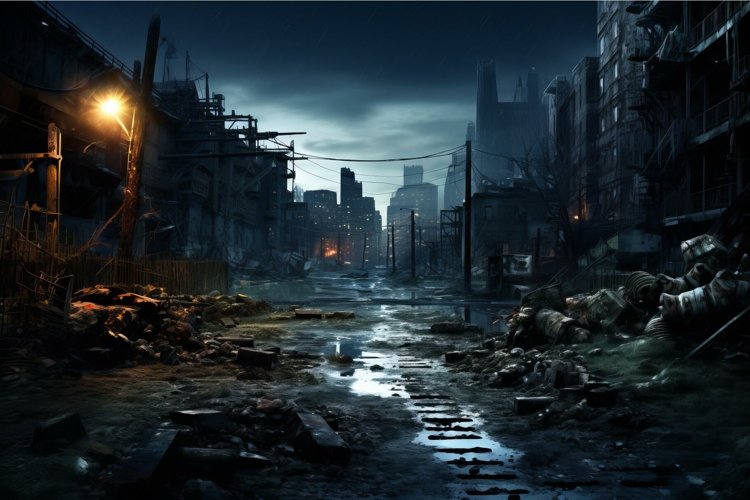 Crumbling Post apocalyptic city. Generate Ai