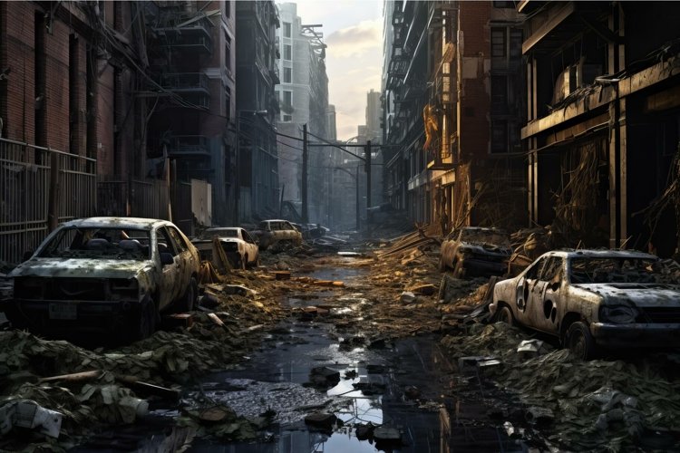 Eerie Post apocalyptic street. City destruction example image 1
