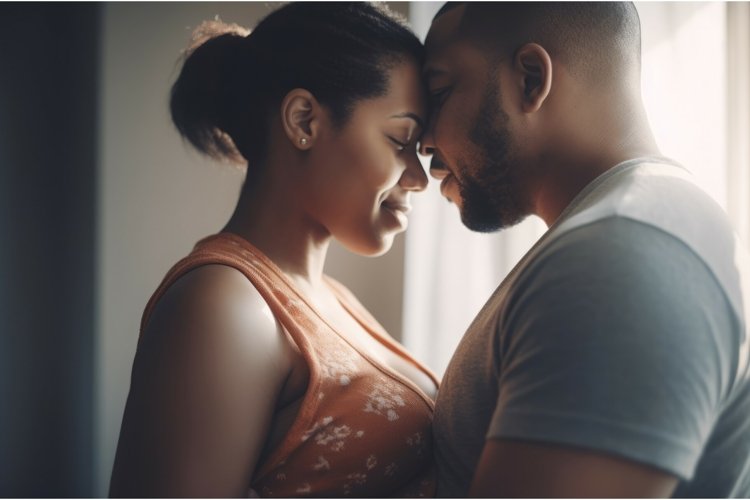 Pregnant woman cuddling with husband. Generate ai example image 1