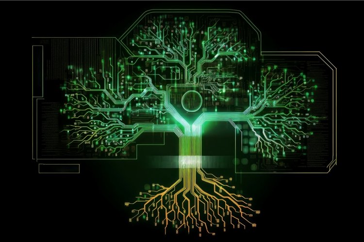 Green digital circuit tree. Generate Ai example image 1