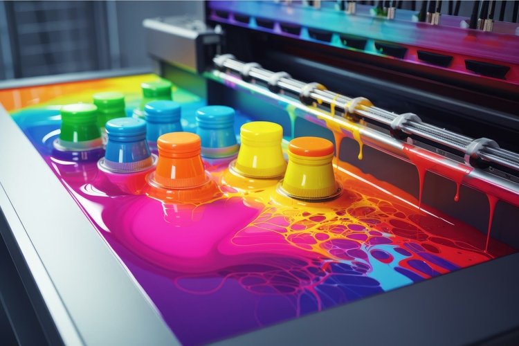 Vibrant Printer color splashes paints. Generate Ai