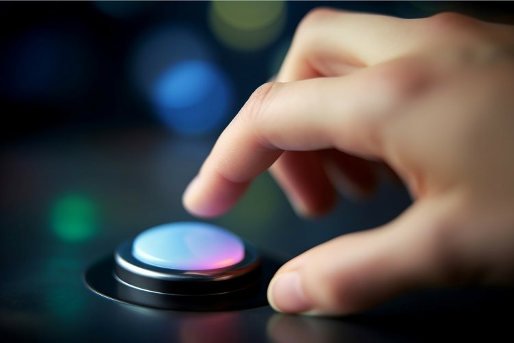 Hand pushes the illuminated button. Generate ai example image 1