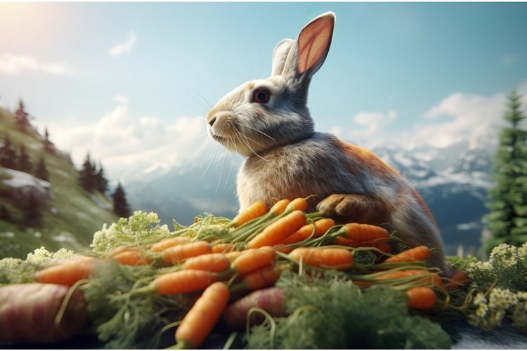 Joyful alps rabbit with heap of carrots food. Generate ai example image 1