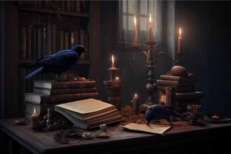 Raven history ancient library. Generate Ai example image 1