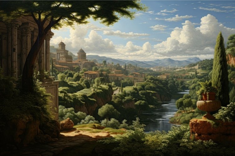 Earth Renaissance Style Picturesque Landscape renaissance field. Generate Ai
