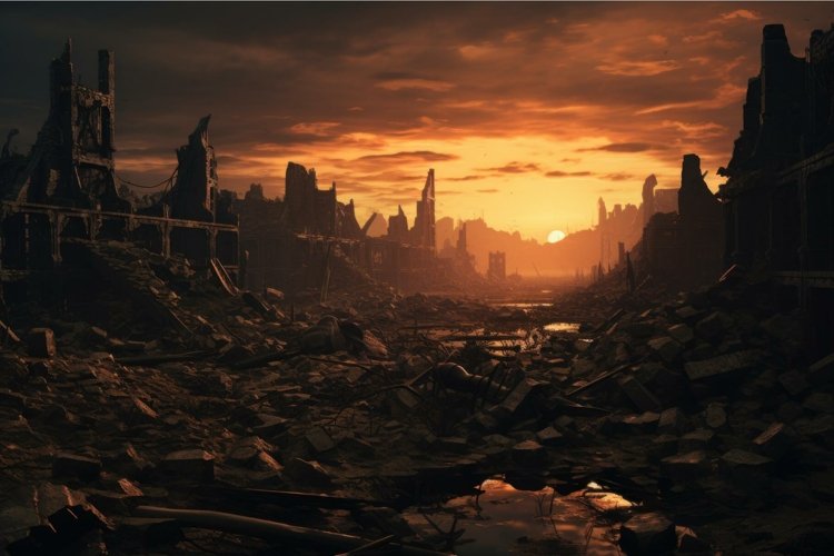 Apocalyptic sunset over ruined cityscape example image 1