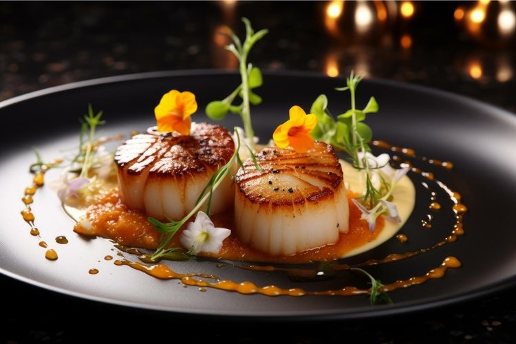 Savory Scallop dish served shrimp. Generate Ai