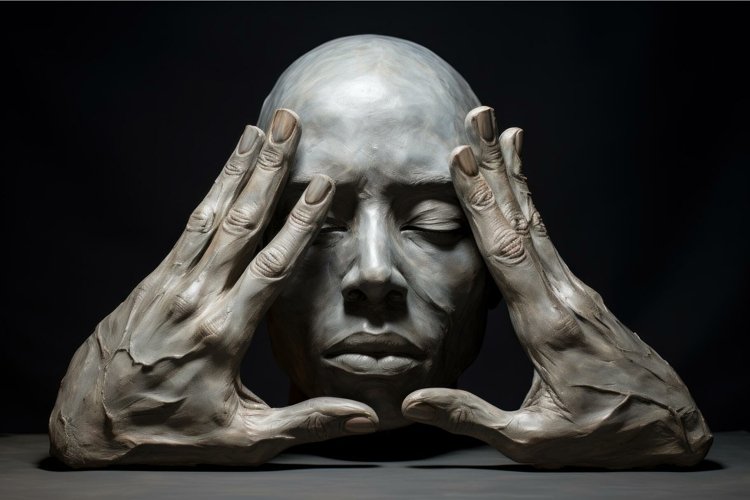 Abstract Sculpture head hands surreal. Generate Ai example image 1