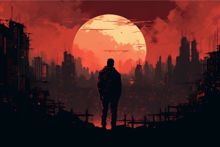 Urban Man neon city. Generate Ai