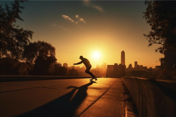 Skateboarding city sunset jump. Generate Ai
