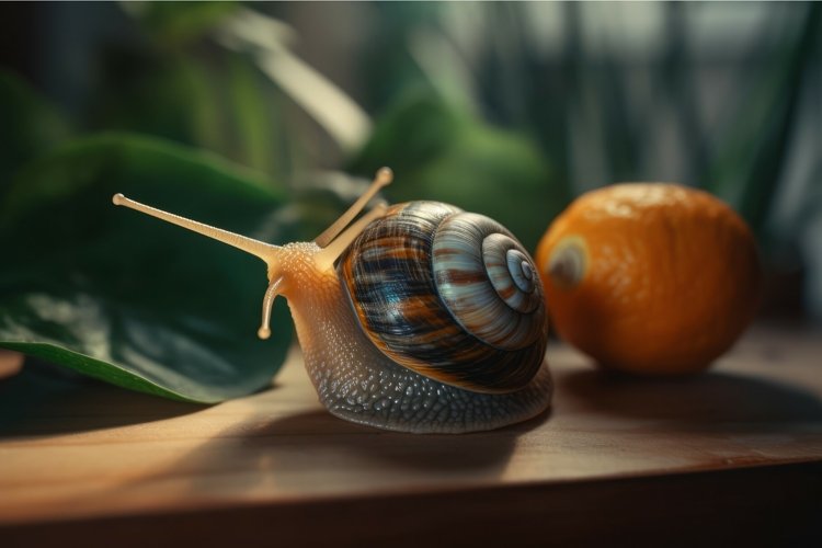 Snail on wooden table. Generate Ai example image 1