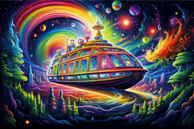 Wooden Wood boat in galaxy. Space fantasy ship